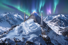 Dramatic Pyramid Surrounded By Snowy Landscape And Polar Lights.png